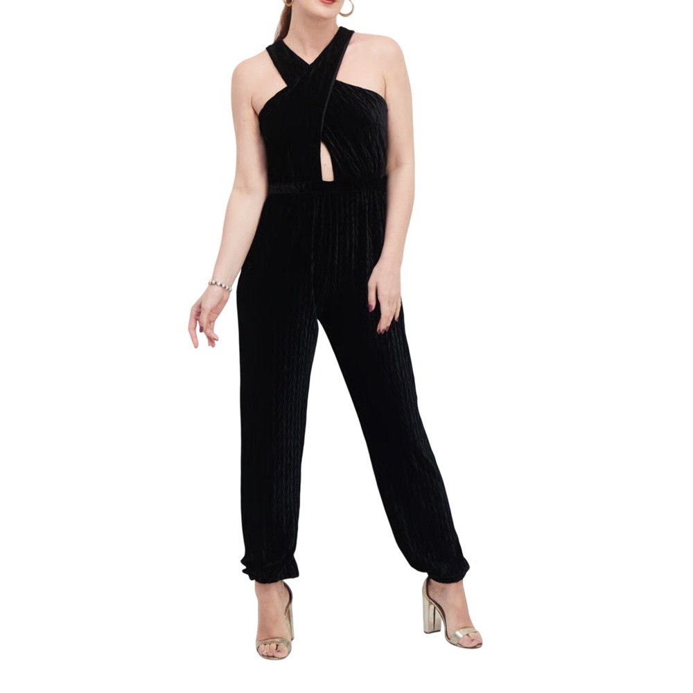 Sadie & Sage Textured Velvet Halter Jumpsuit Keyhole Crisscross Medium Glam